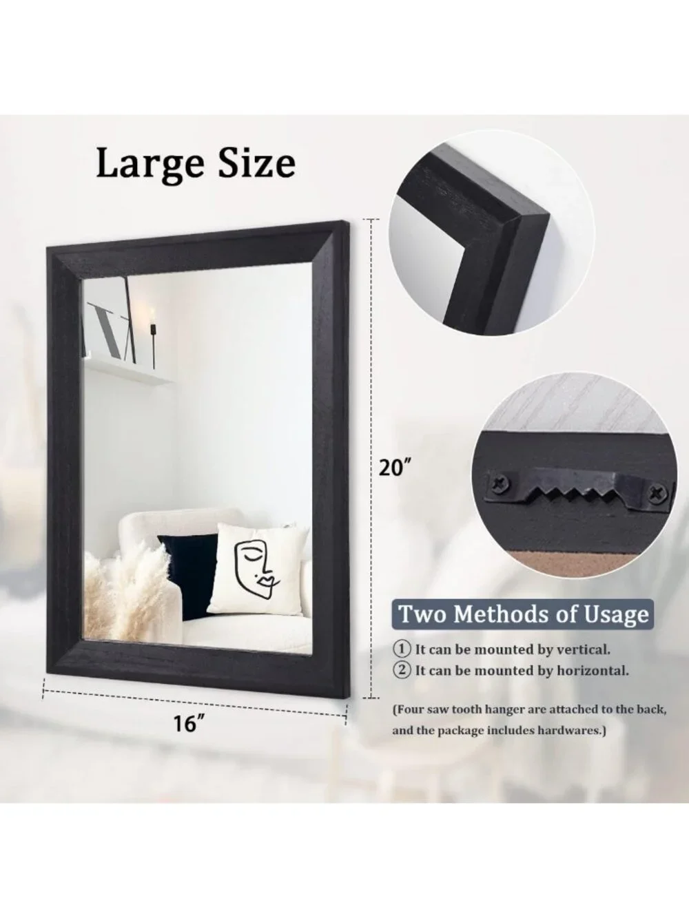 Large Black Rectangle Wall Mirror with Wood Frame - Stylish Home Decor Accent
